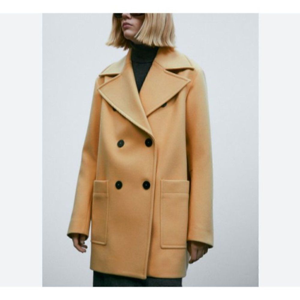 Massimo Dutti Womens Wool Pea Coat M Medium Voluminous Tan Beige 6467/981 NWT